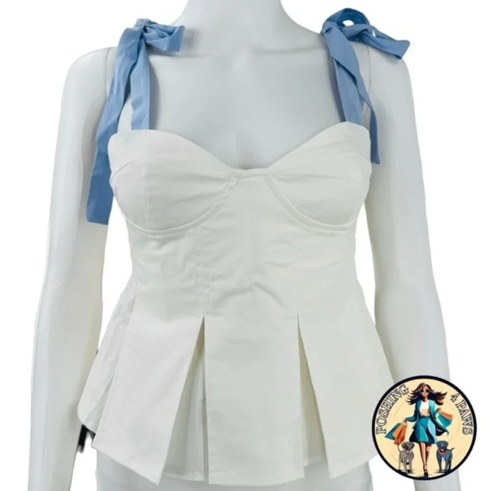 Hyacinth House NEW White and Blue Ophelia Bow Preppy Peplum Top Size Large - Picture 4 of 8